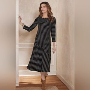 Soft Surroundings Black Jersey Ribbed Stripe Thori Midi Dress | Sz M 3/4 Sleeve